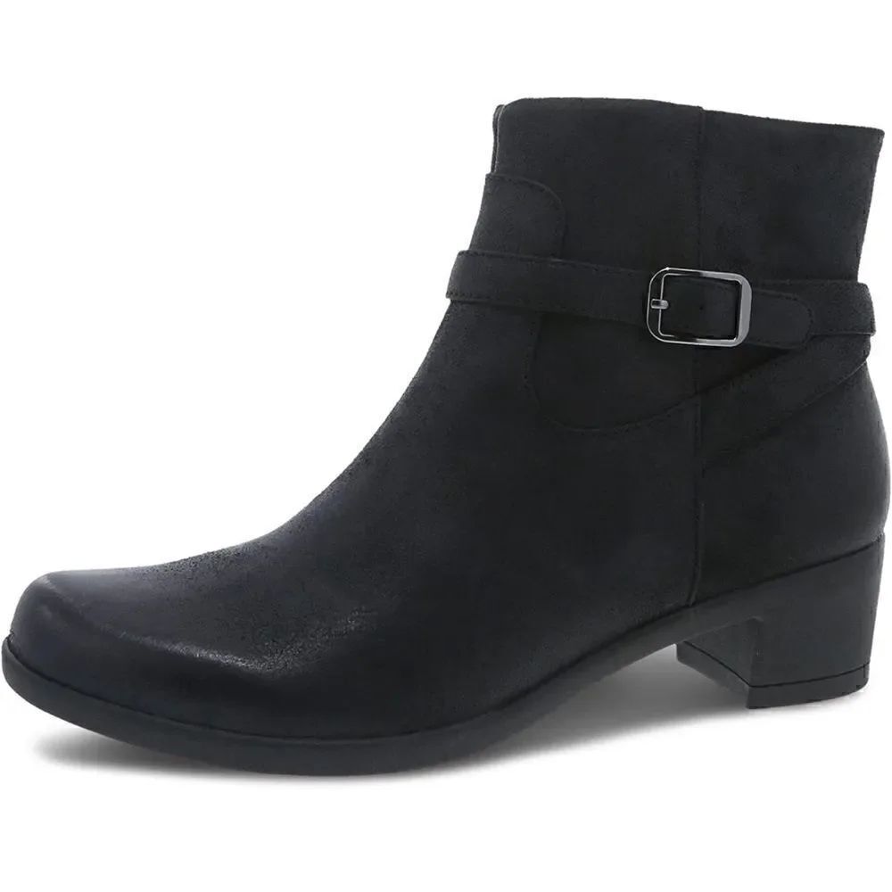 Dansko- Cagney Black Leather Ankle Boots w/ Buckle Detail, Size 38 US Size 8